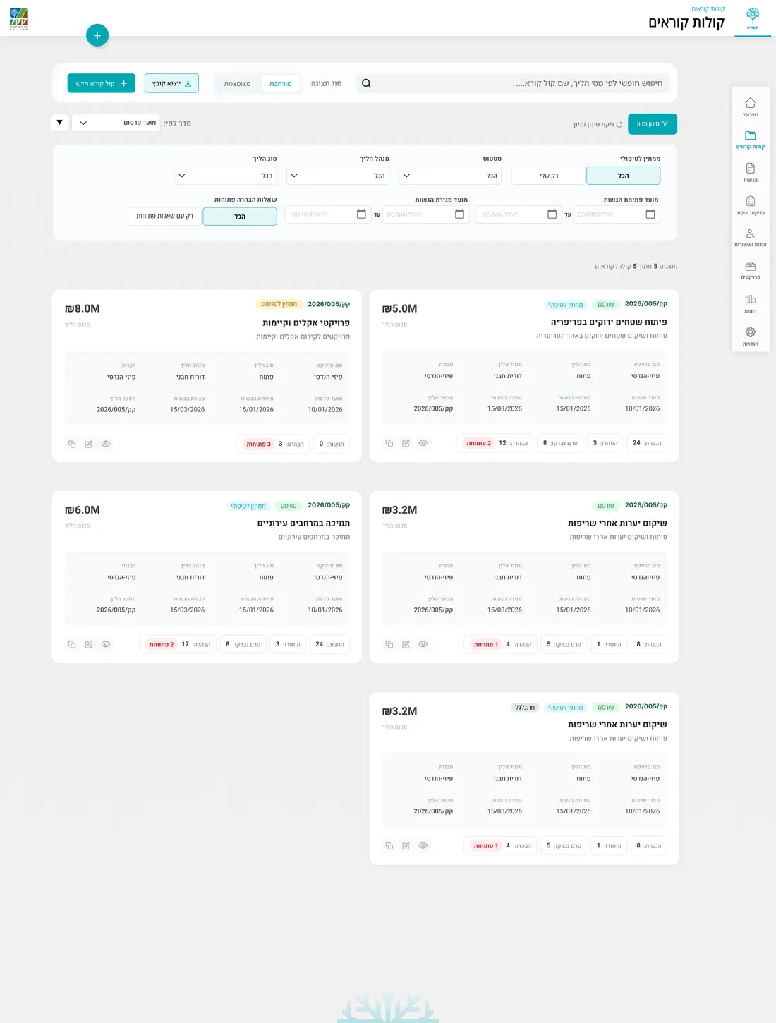 Calls table with search, status filters and budgets