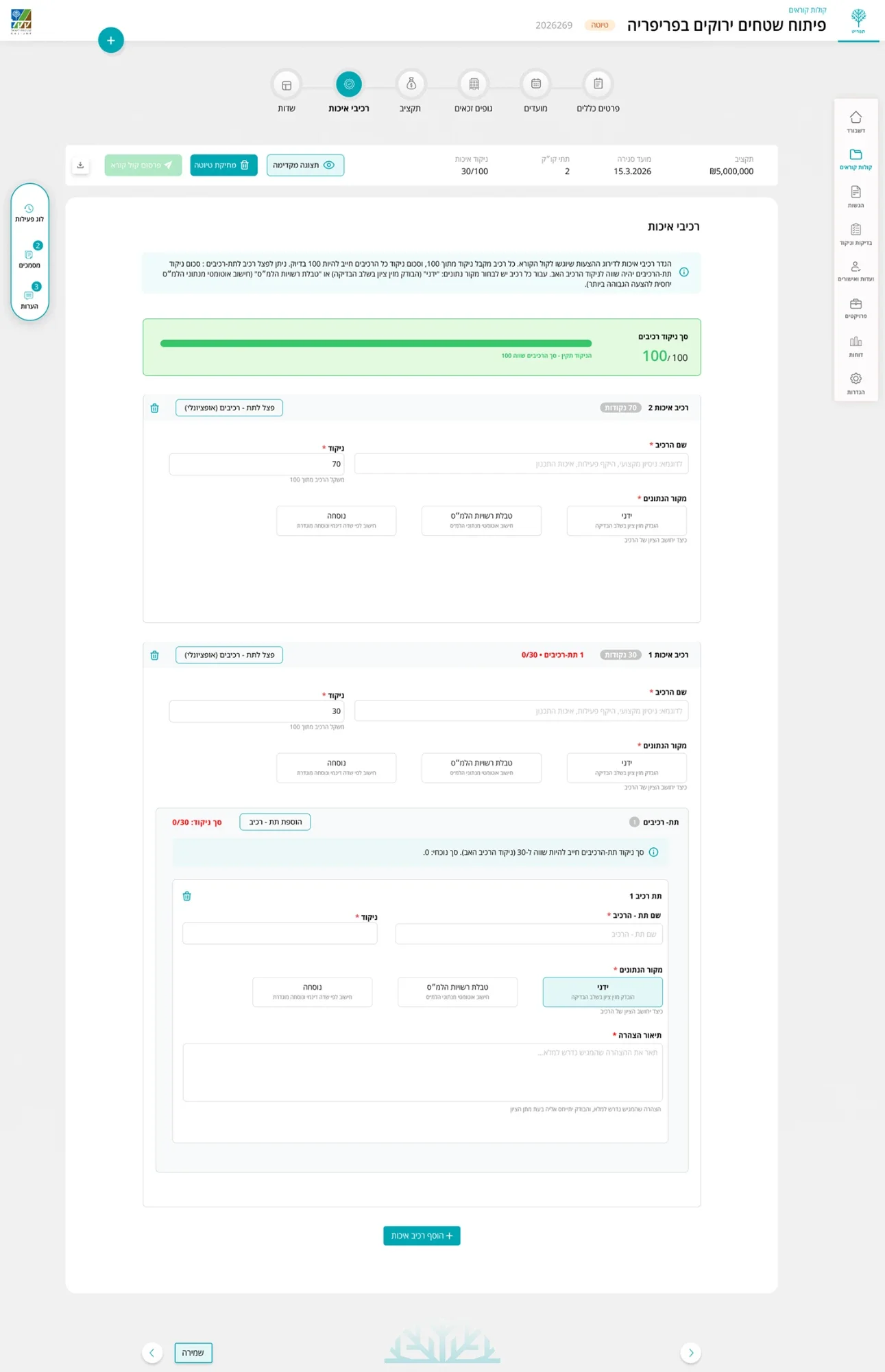 Evaluation criteria with weights and data sources